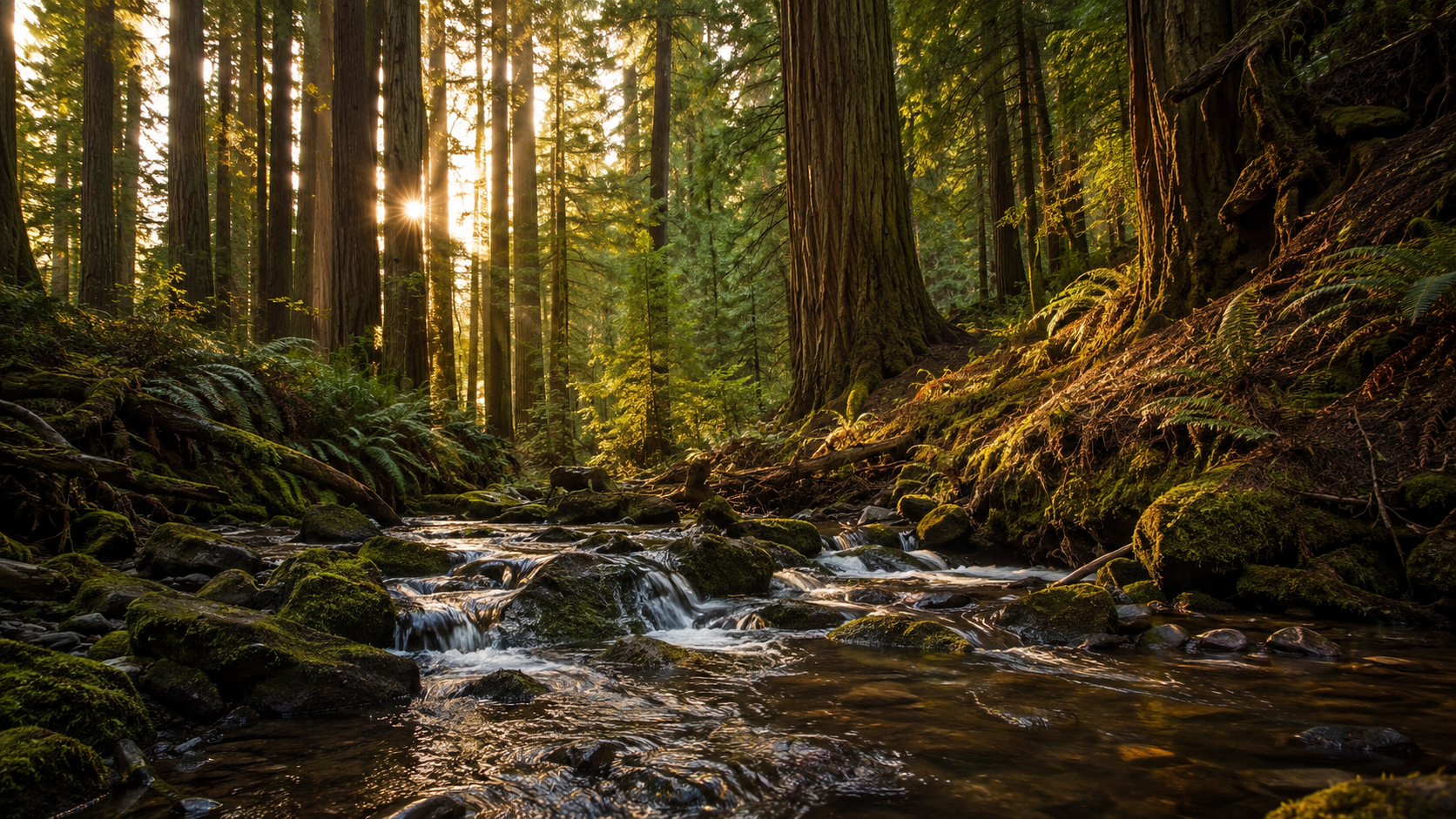 Forest creek in warm sunlight